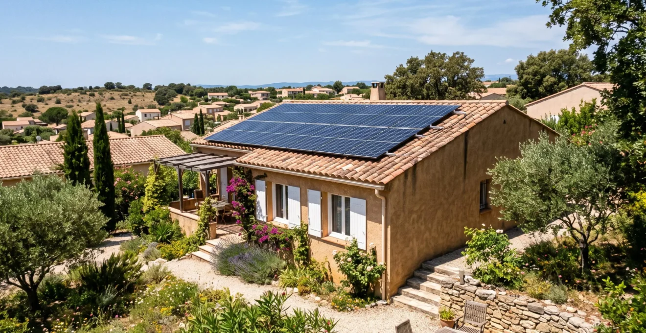 Maison individuelle avec des panneaux solaires photovoltaïques installés sur la toiture en tuiles, sous un ciel ensoleillé.
