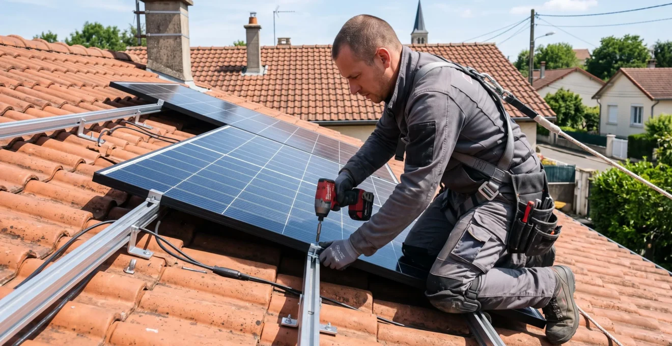 Technicien fixant un panneau photovoltaïque sur des rails de montage posés sur une toiture en tuiles.