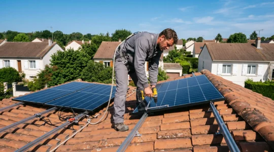 Un technicien en tenue de travail et harnais de sécurité fixe un panneau solaire photovoltaïque sur la toiture en tuiles d'une maison individuelle.